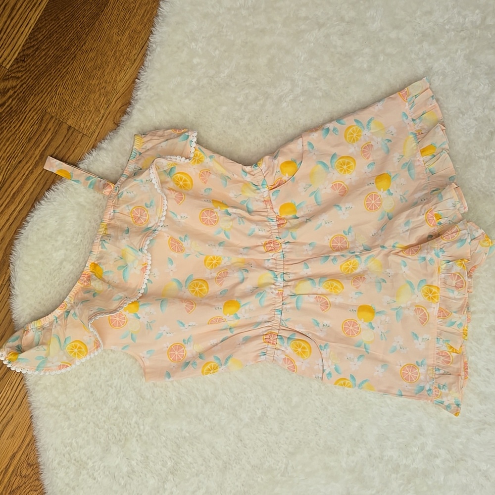 Janie and Jack Orange/Yellow Citrus Print Romper, Girls 12, Great Condition